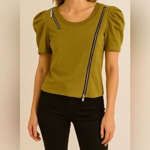 Callysta Mustard‎ Puff Sleeve Zipper Moto Top Y2K Streetwear Edgy Chic Size XS S